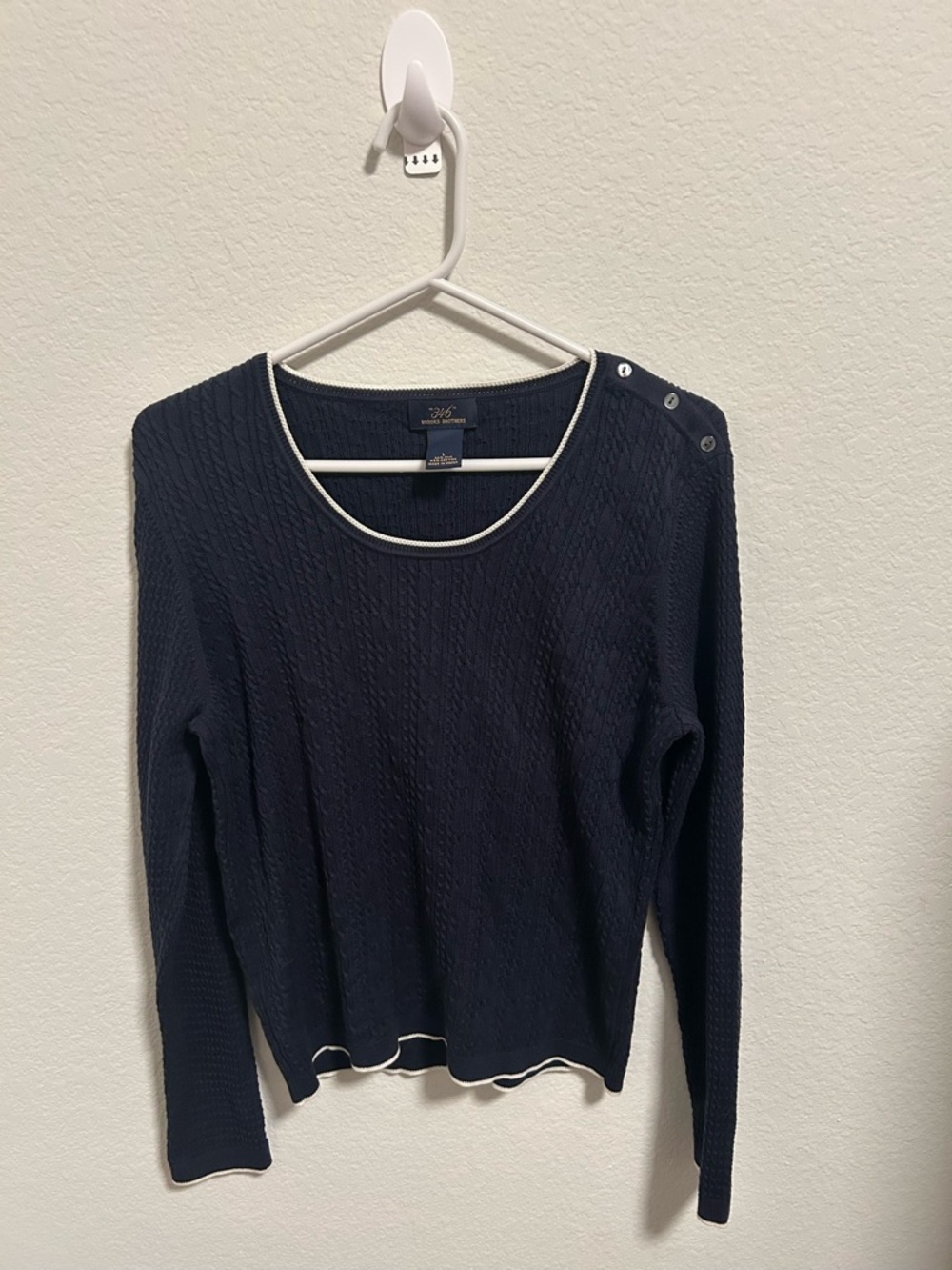 346 Brooks Brothers Navy Cable Knit Boatneck Sweater with White Trim